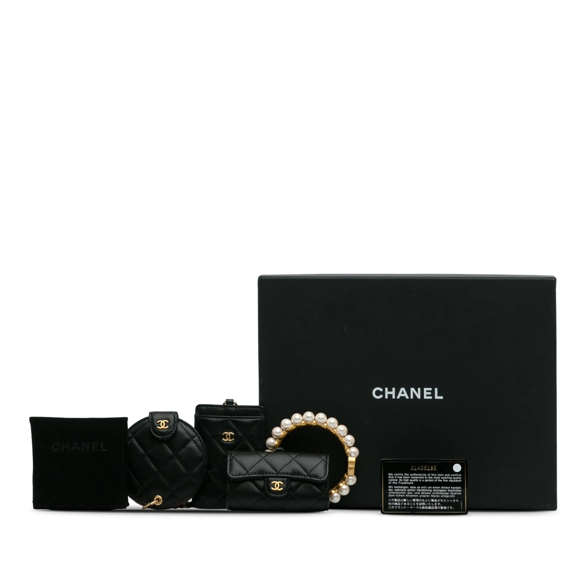 Black Chanel Lambskin Pearl Crown CC Wristlet Multi Pouches Clutch Bag