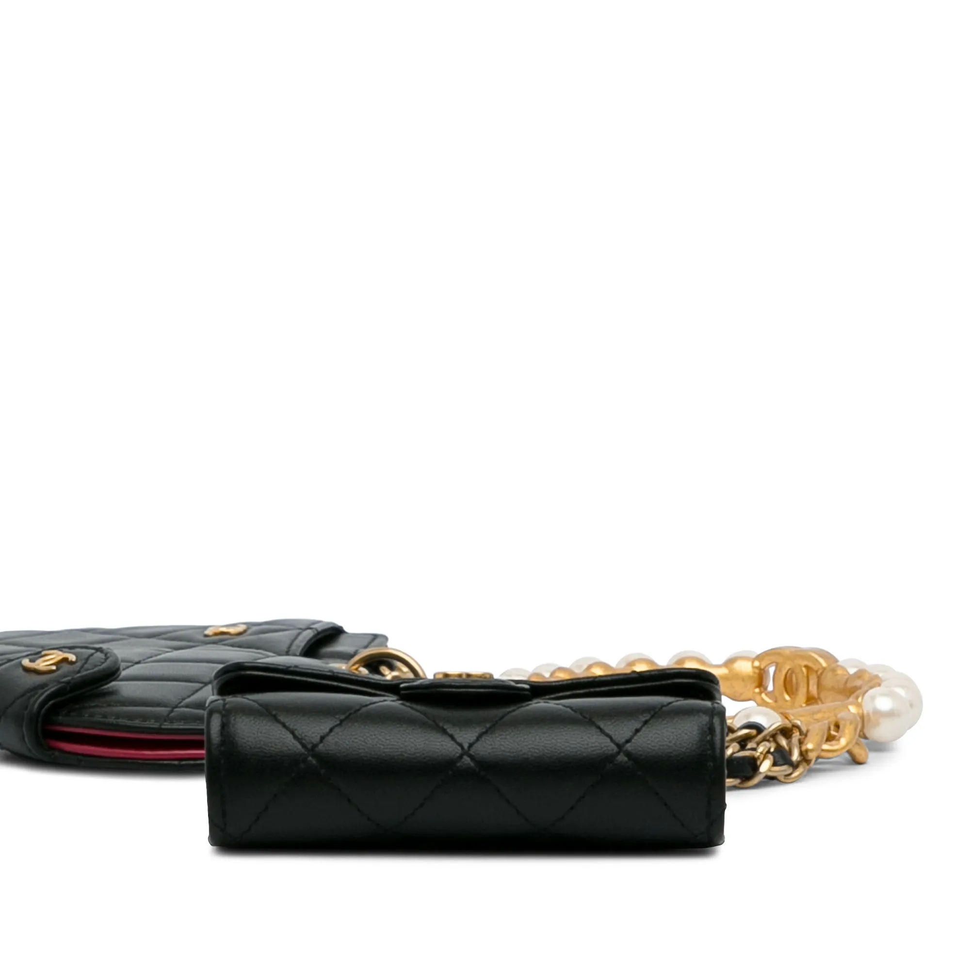 Black Chanel Lambskin Pearl Crown CC Wristlet Multi Pouches Clutch Bag