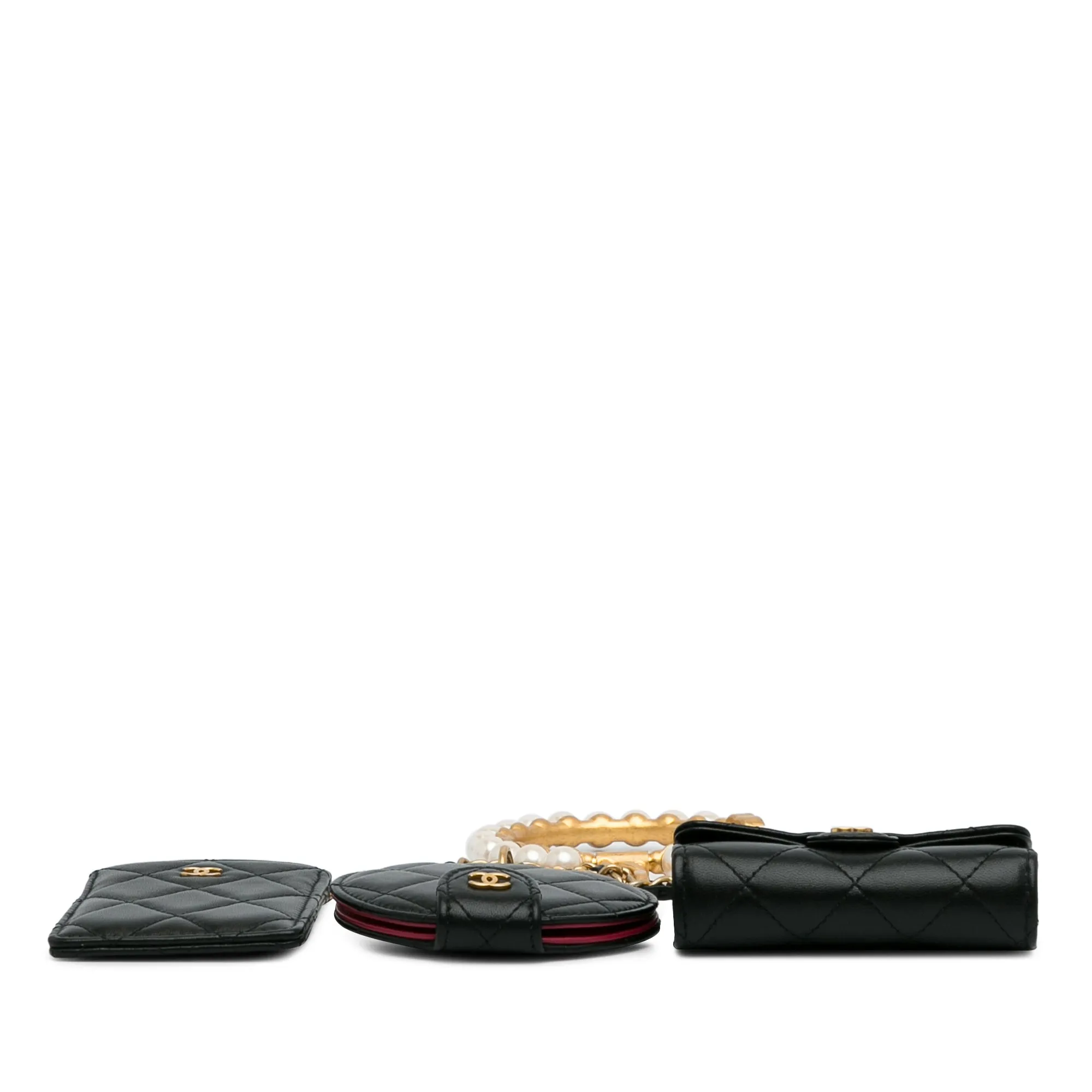 Black Chanel Lambskin Pearl Crown CC Wristlet Multi Pouches Clutch Bag