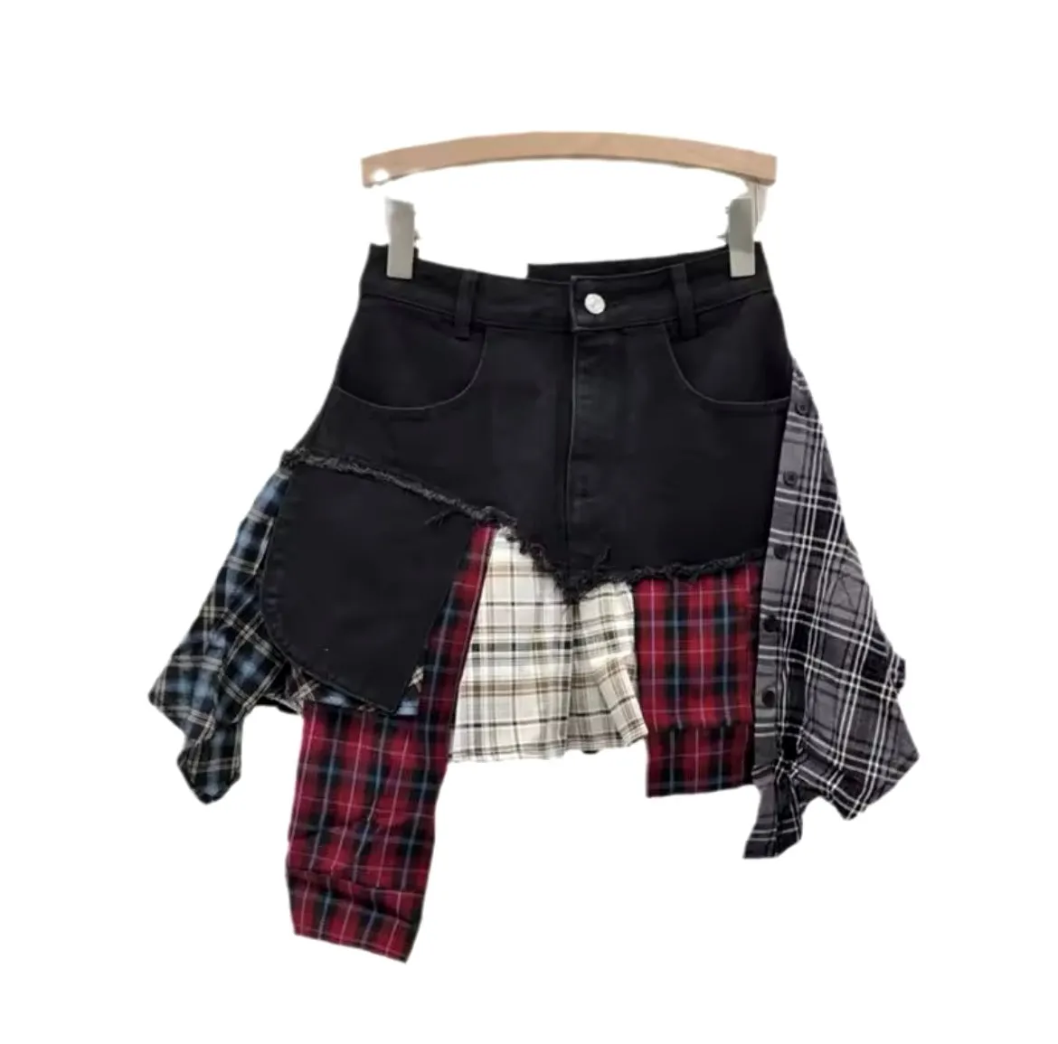 Black Grunge Denim Checkered Patchwork Mini Skirt