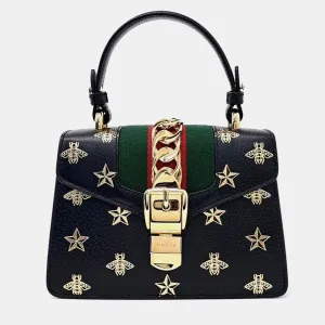 Black Leather Bee Printed Sylvie Mini Top Handle Bag
