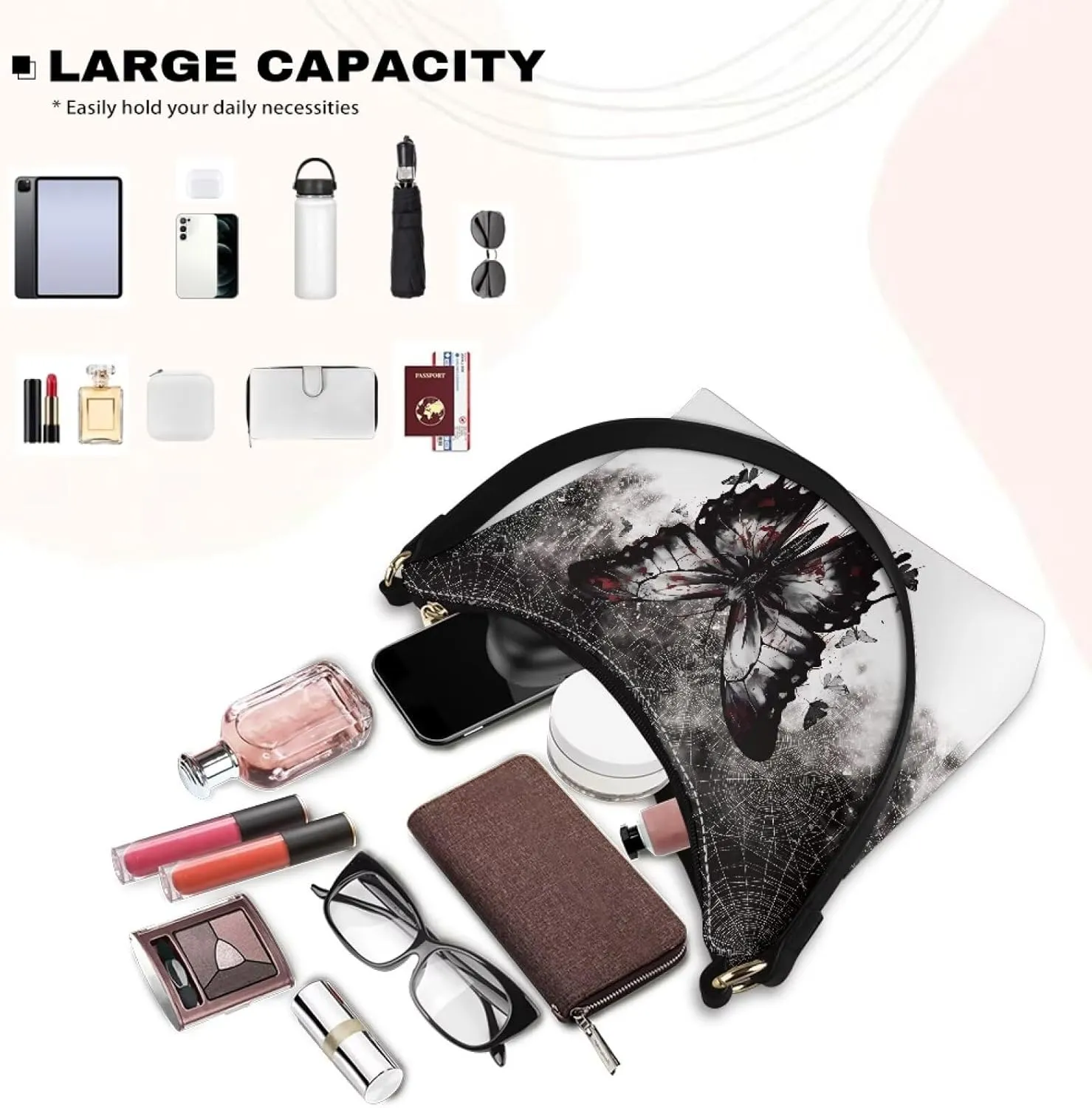 BLeather Underarm Bag for Women Shoulder Handbag with Zipper Fashion Travel Purse