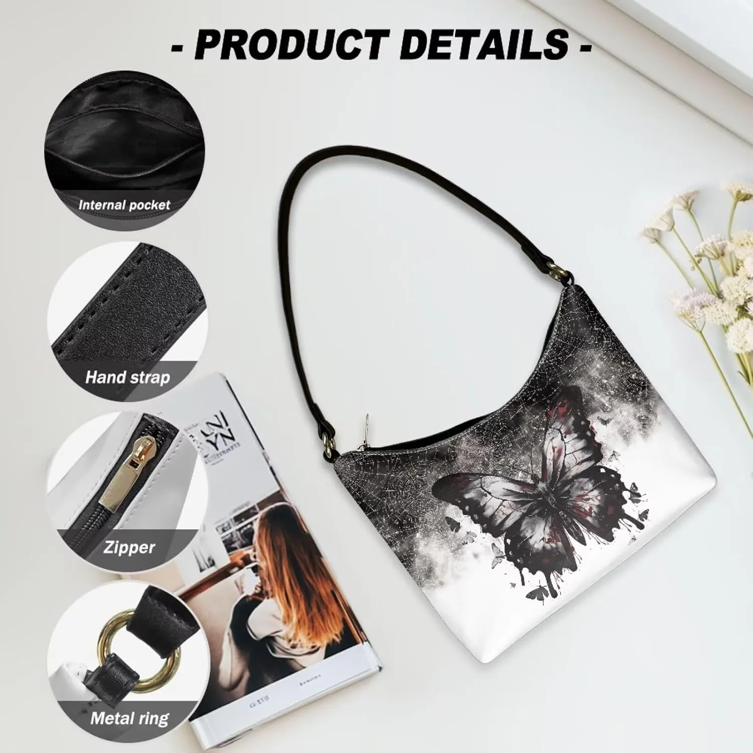BLeather Underarm Bag for Women Shoulder Handbag with Zipper Fashion Travel Purse