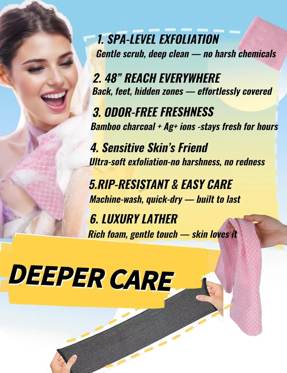 BLISSAL Exfoliating Shower Towel 48",Premium Scrub Wash Cloth for Body Face, Exfoliating Washcloth for Men and Woman(Black)