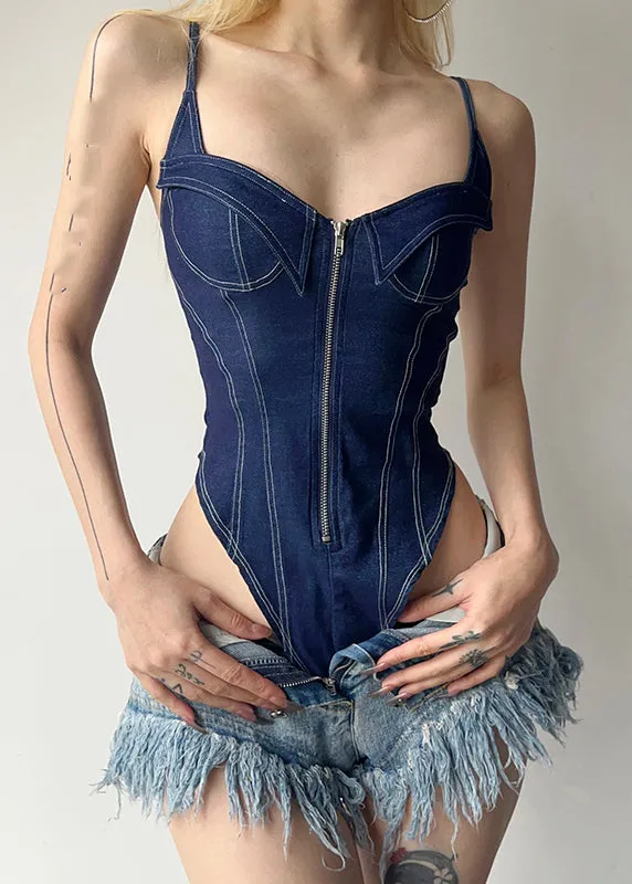 Blue Denim Cami Zippered Bodysuit Women Patchwork