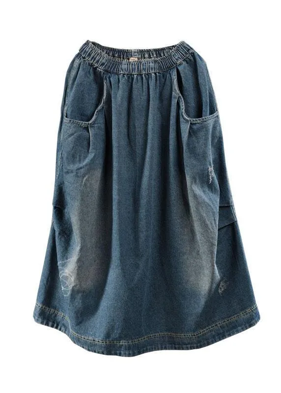 Blue Denim Summer Skirt with Retro Patchwork Pockets