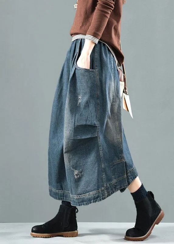 Blue Denim Summer Skirt with Retro Patchwork Pockets