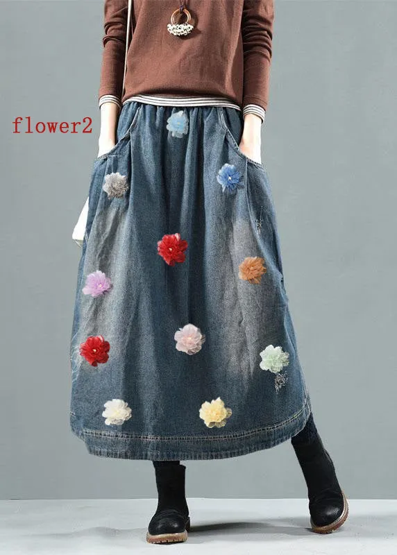 Blue Denim Summer Skirt with Retro Patchwork Pockets