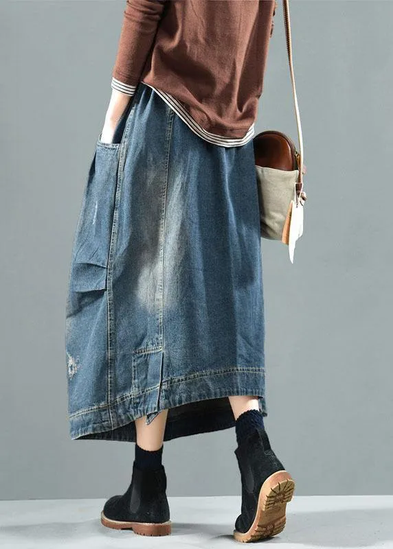 Blue Denim Summer Skirt with Retro Patchwork Pockets