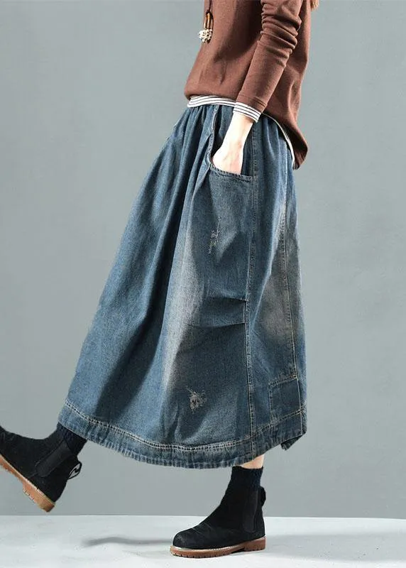 Blue Denim Summer Skirt with Retro Patchwork Pockets