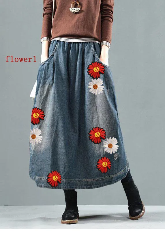Blue Denim Summer Skirt with Retro Patchwork Pockets