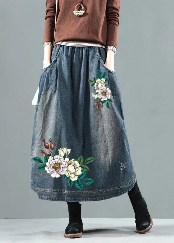 Blue Denim Summer Skirt with Retro Patchwork Pockets