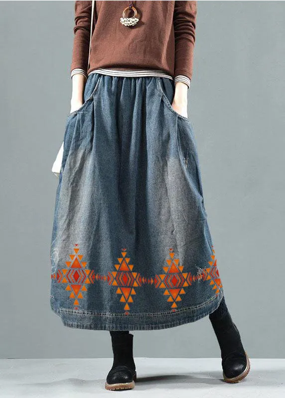 Blue Denim Summer Skirt with Retro Patchwork Pockets