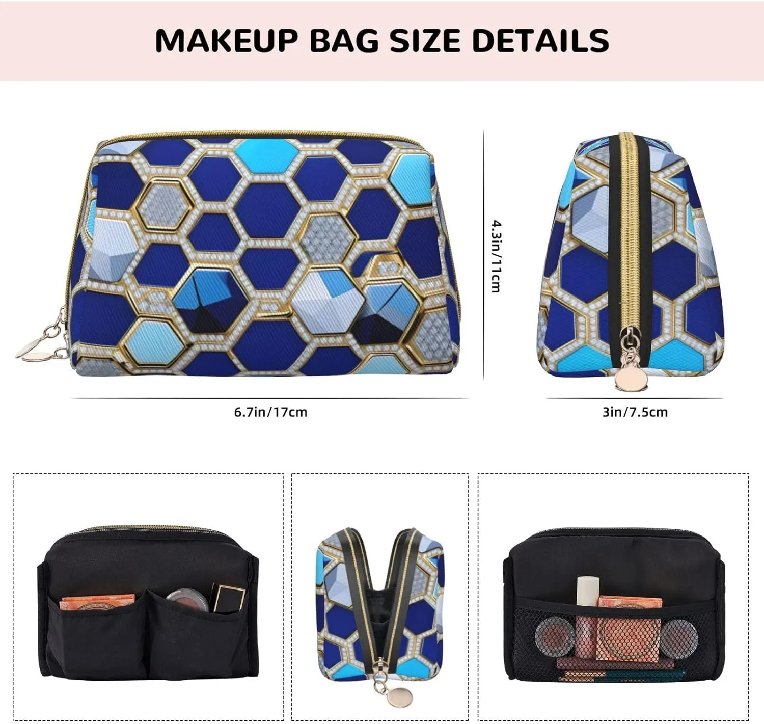 Blue Hexagons And Diamond Leather Toiletry Organizer Bag, Travel-Friendly Makeup Pouch For Women