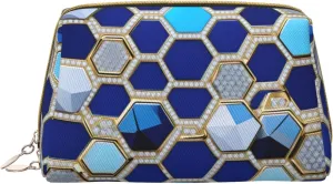 Blue Hexagons And Diamond Leather Toiletry Organizer Bag, Travel-Friendly Makeup Pouch For Women