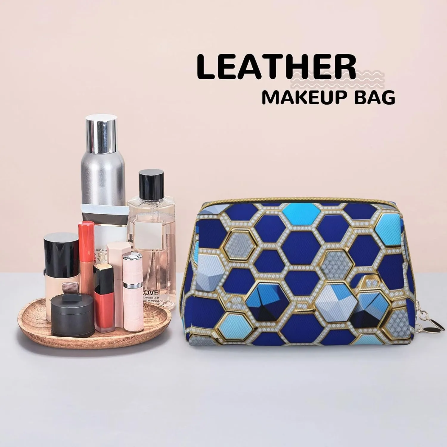 Blue Hexagons And Diamond Leather Toiletry Organizer Bag, Travel-Friendly Makeup Pouch For Women