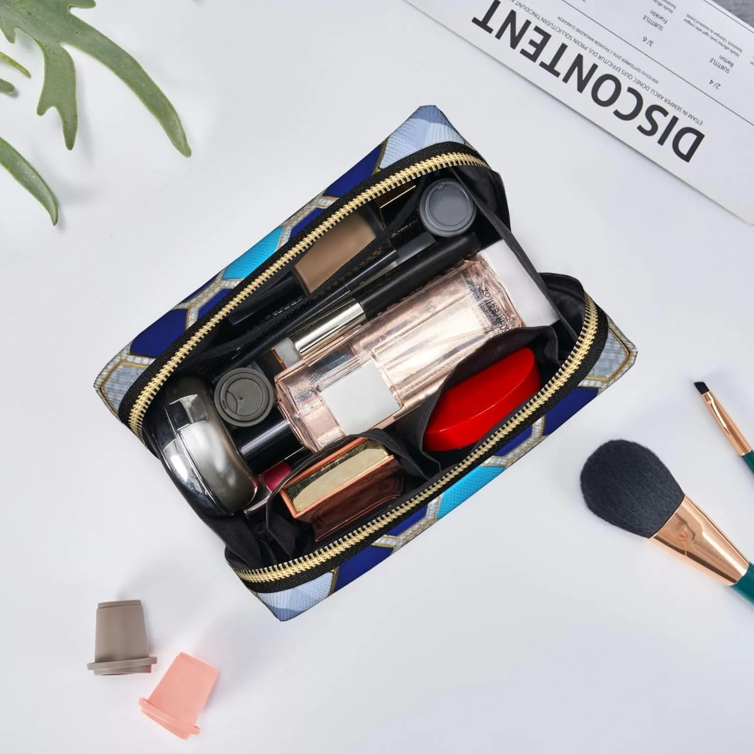Blue Hexagons And Diamond Leather Toiletry Organizer Bag, Travel-Friendly Makeup Pouch For Women