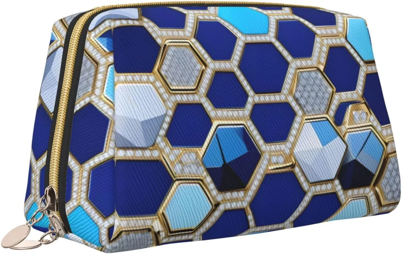 Blue Hexagons And Diamond Leather Toiletry Organizer Bag, Travel-Friendly Makeup Pouch For Women