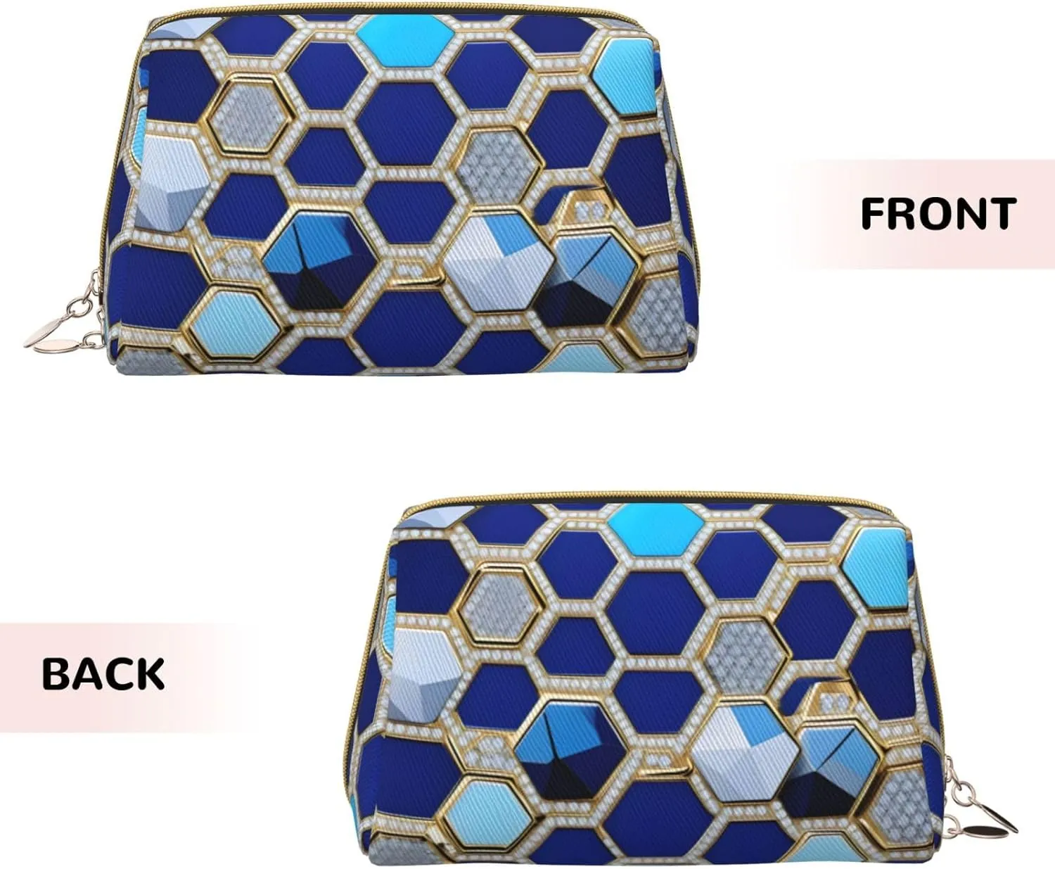 Blue Hexagons And Diamond Leather Toiletry Organizer Bag, Travel-Friendly Makeup Pouch For Women