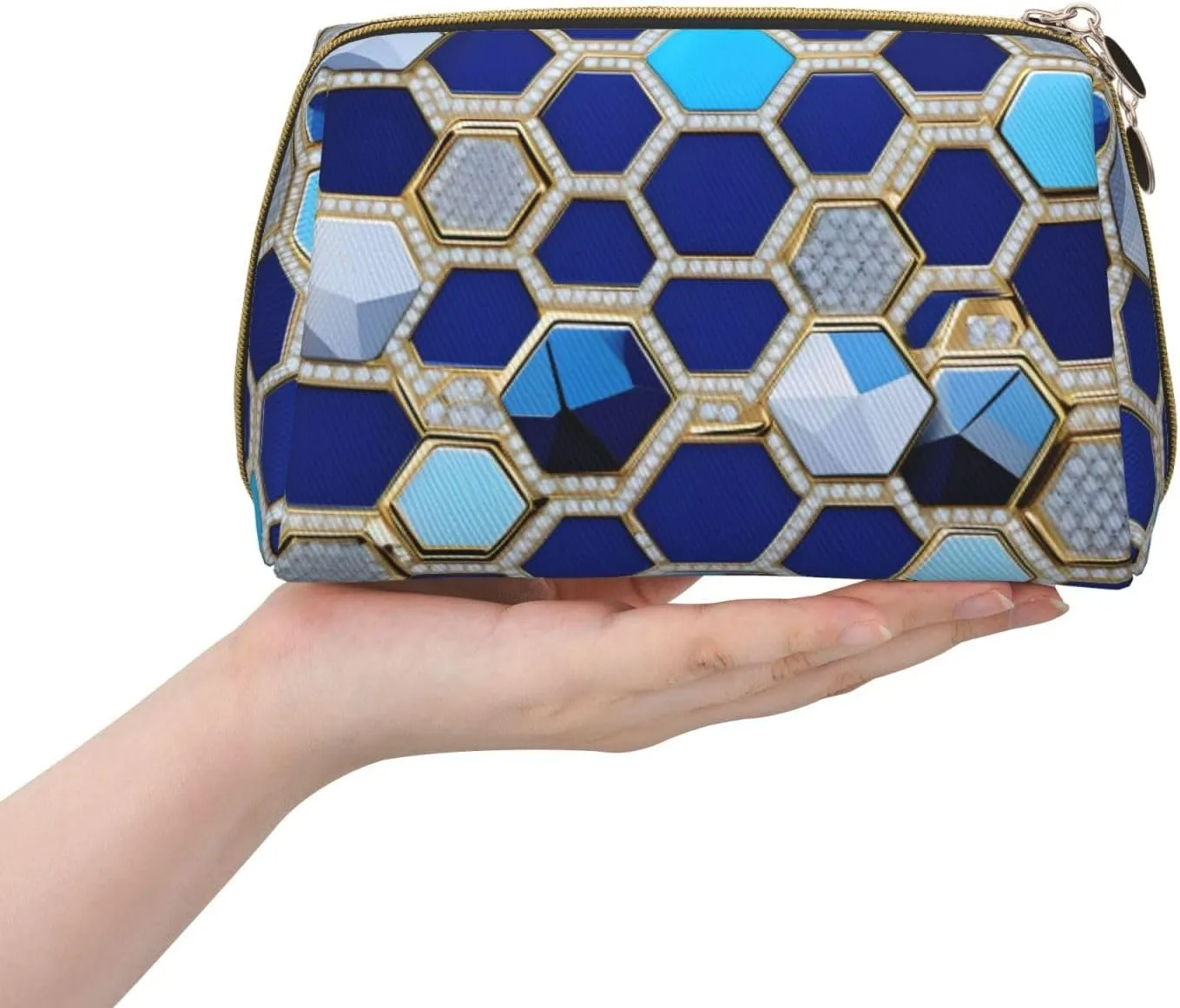 Blue Hexagons And Diamond Leather Toiletry Organizer Bag, Travel-Friendly Makeup Pouch For Women