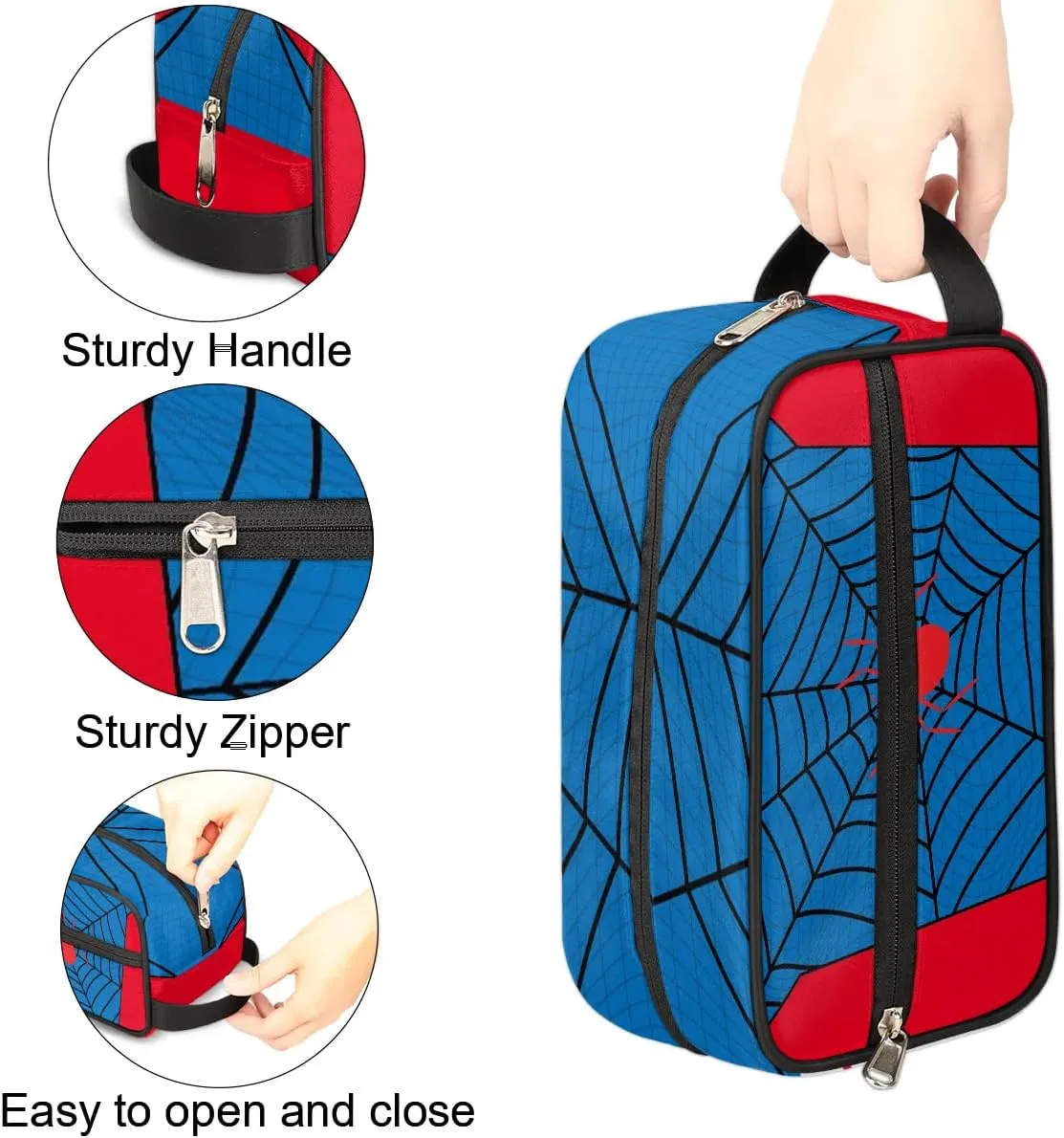 Blue Spider Web Boys Travel Toiletry Bag, Kids Waterproof Hanging Dopp Kit, Wash Bag with Large Capacity for Travel, Sports, Shower