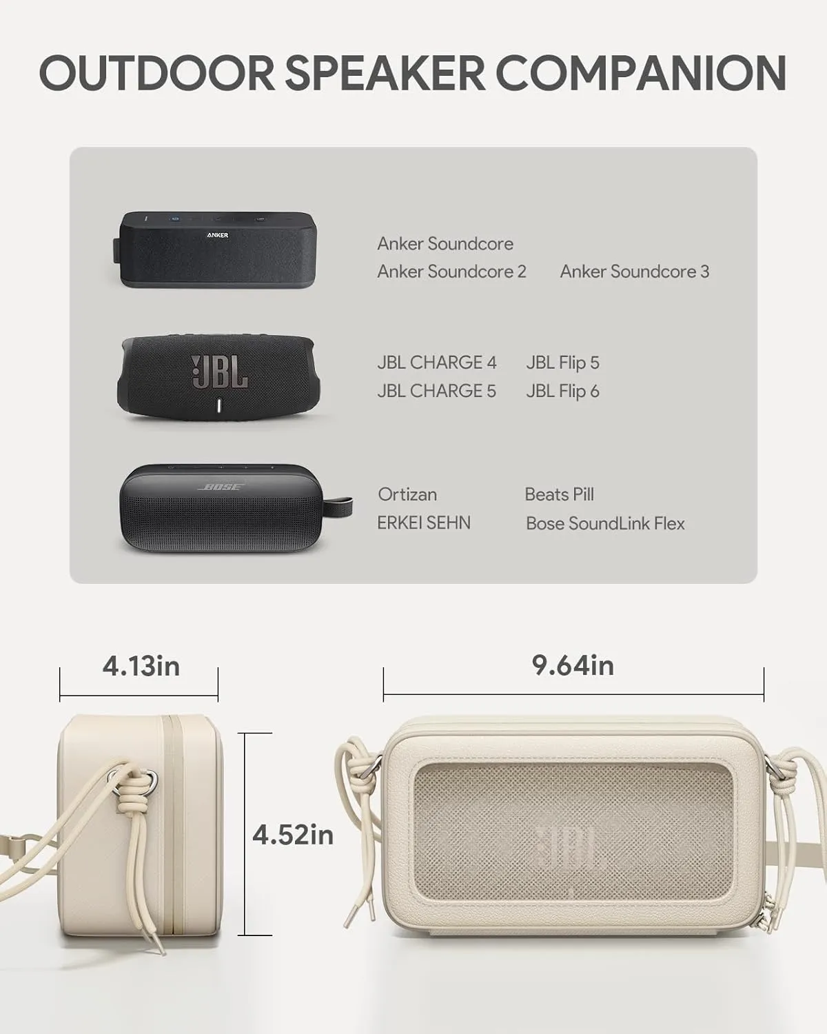Bluetooth Speaker Universal Case Bag for BolaButty/Anker Soundcore/Soundcore 2/JBL CHARGE 5/ CHARGE 4/JBL Flip 5 /Flip 6 /Bose SoundLink Flex, with Adjustable Shoulder Strap (Beige)
