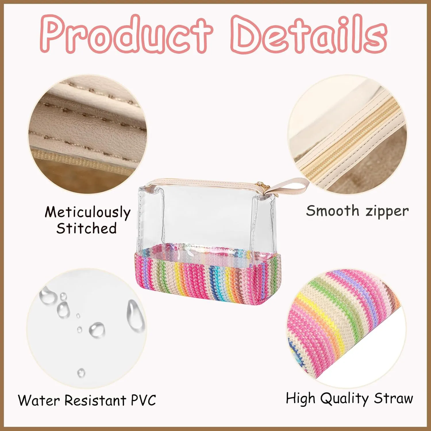 Boho Large Clear PVC Waterproof Makeup Bag with handle, Transparent Zipper Cosmetic Bag for Travel, Beach Bag for Sun screen Skincare (03Medium size-Colourful)