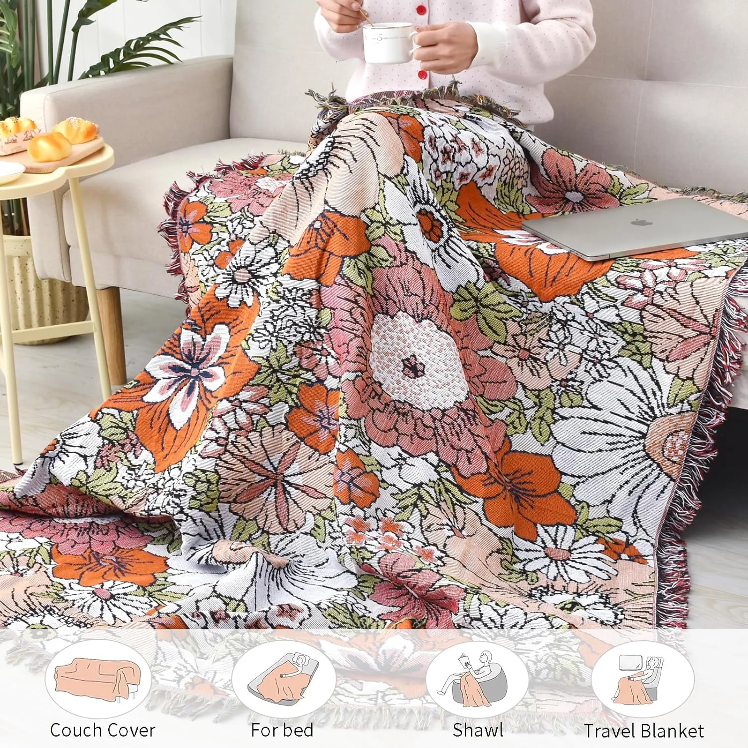 Boho Throw Blanket Reversible Cotton Bohemian Tapestry Hippie Room Decor Outdoor Blanket Double Sided (Boho Flower 50"x60")