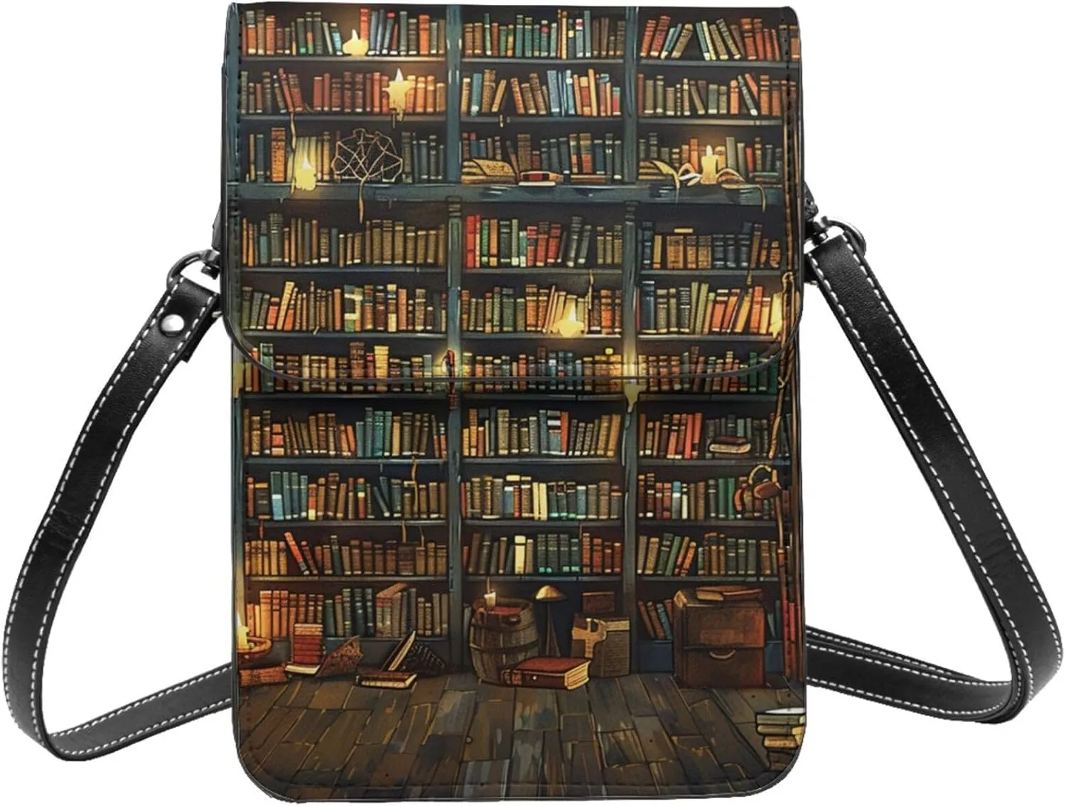 books Bookshelf magic ancient library vintage Leather Small Crossbody Bags for Women Cell Phone Bag Wallet Purses with Adjustable Strap