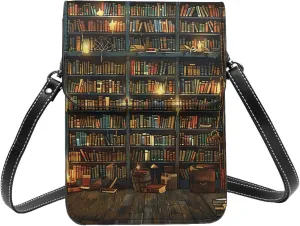 books Bookshelf magic ancient library vintage Leather Small Crossbody Bags for Women Cell Phone Bag Wallet Purses with Adjustable Strap