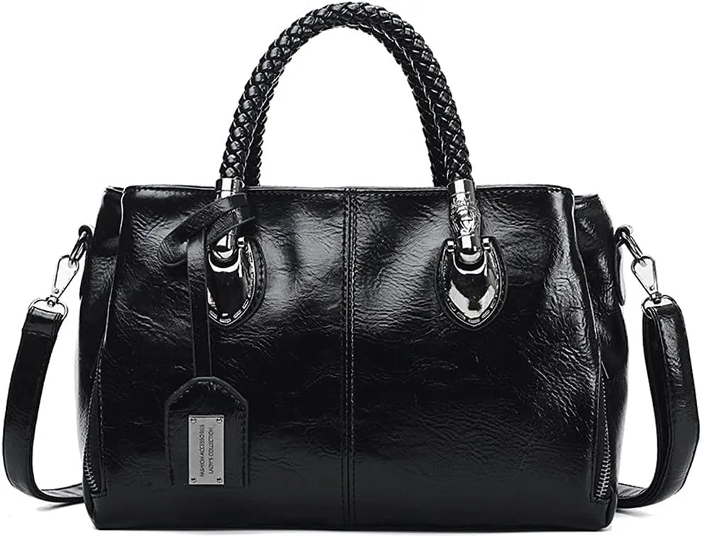 Boston Handbag for Women Oil Wax Leather Shoulder Bag Large Capacity Crossbody Bag Top Handle Satckel Purse