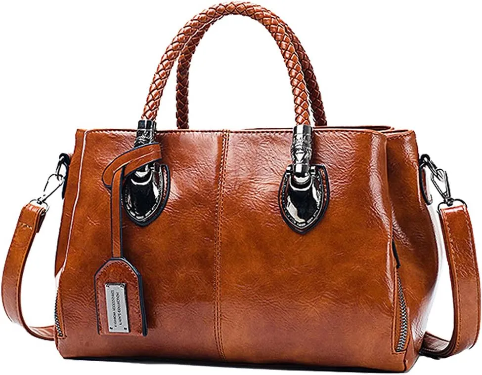 Boston Handbag for Women Oil Wax Leather Shoulder Bag Large Capacity Crossbody Bag Top Handle Satckel Purse