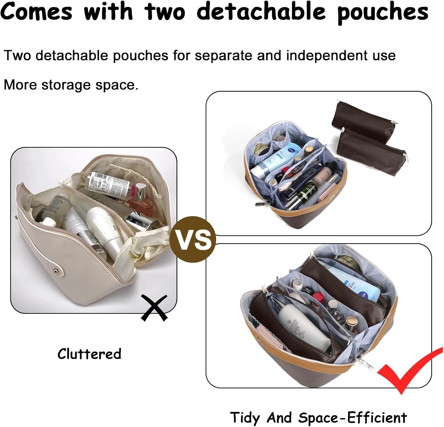 BOYATU Travel Makeup Bag Set: Portable Make up Bag for Traveling - Leather Cosmetic Bags for Women - Waterproof Toiletry Organizer Bags with Handle (D-01-Brown)