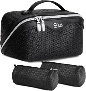 BOYATU Travel Makeup Bags for Women: 3-Set Large Capacity Make up Bags with Compartments - PU Leather Cosmetic Bag for Traveling (L08 Black)