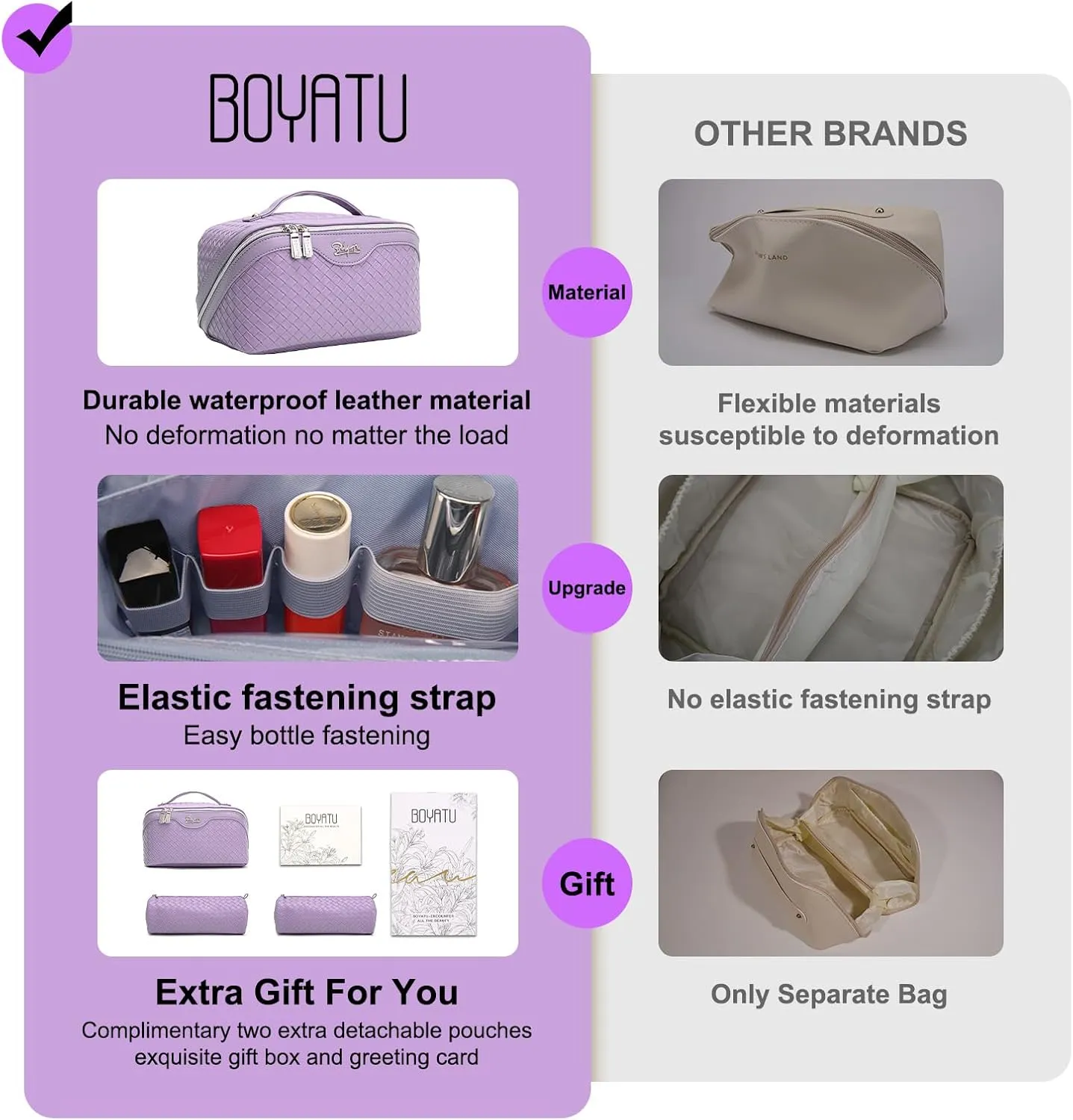 BOYATU Travel Makeup Bags for Women: Large Make up Bag Set of 3 - Vegan Leather Cosmetic Bags - Waterproof Toiletry Organizer (L04 Violet Purple)