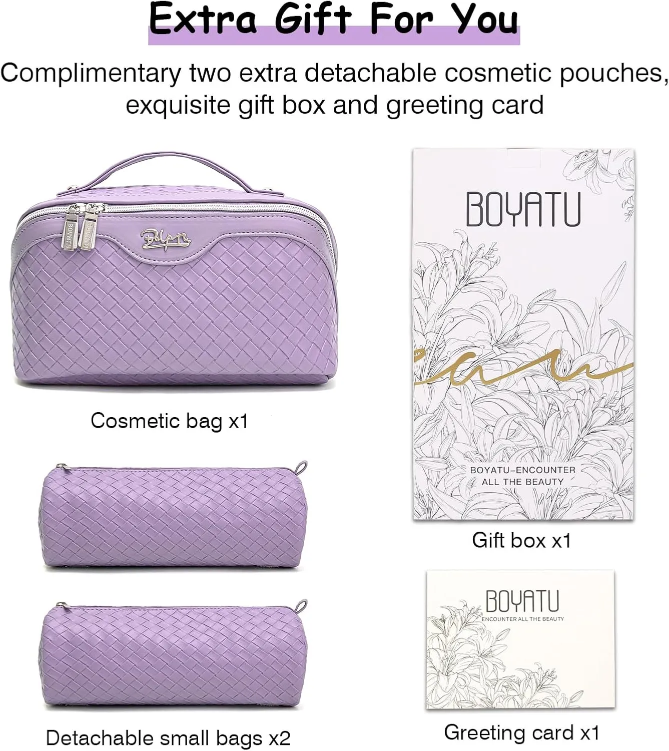BOYATU Travel Makeup Bags for Women: Large Make up Bag Set of 3 - Vegan Leather Cosmetic Bags - Waterproof Toiletry Organizer (L04 Violet Purple)