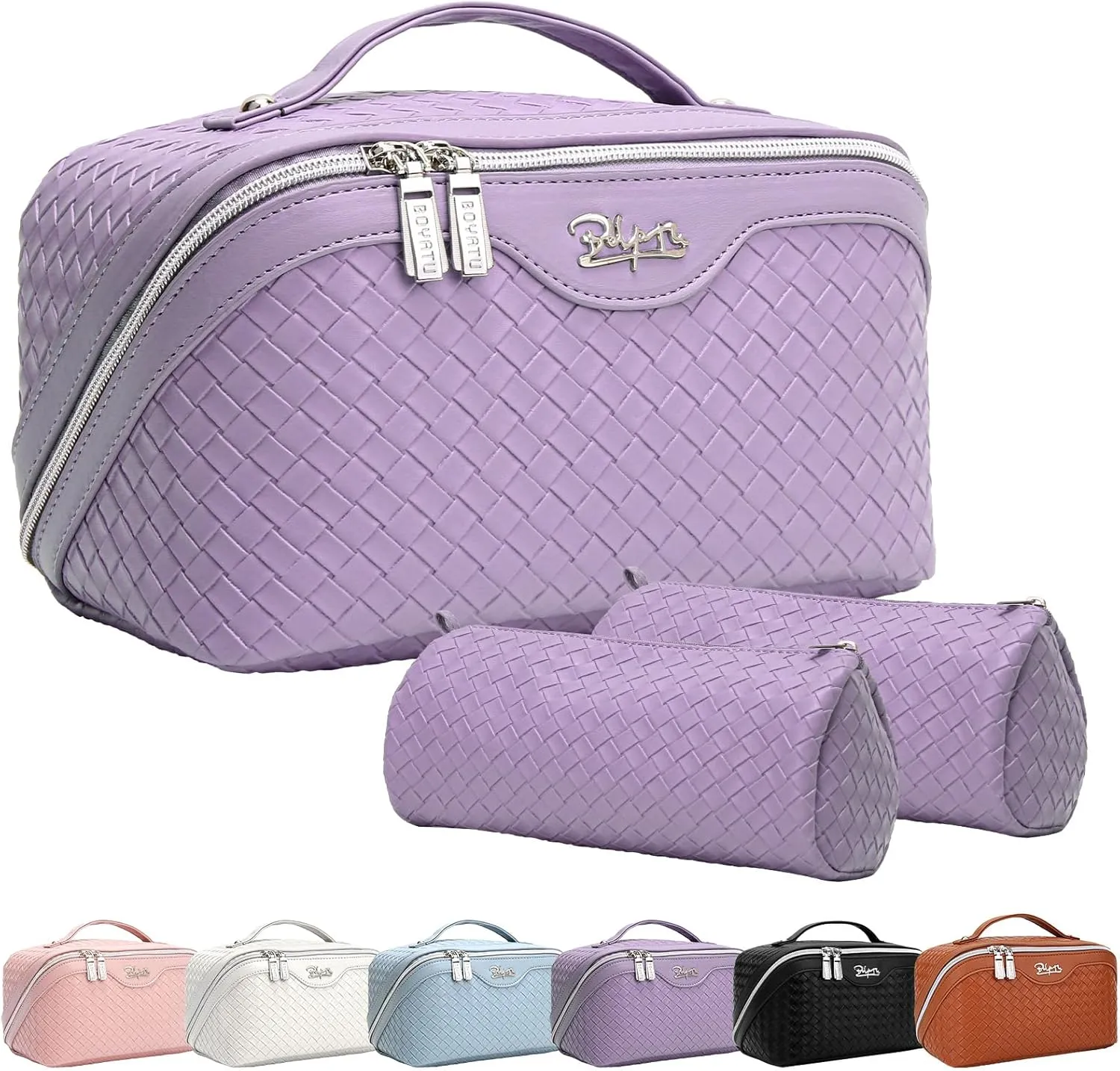 BOYATU Travel Makeup Bags for Women: Large Make up Bag Set of 3 - Vegan Leather Cosmetic Bags - Waterproof Toiletry Organizer (L04 Violet Purple)
