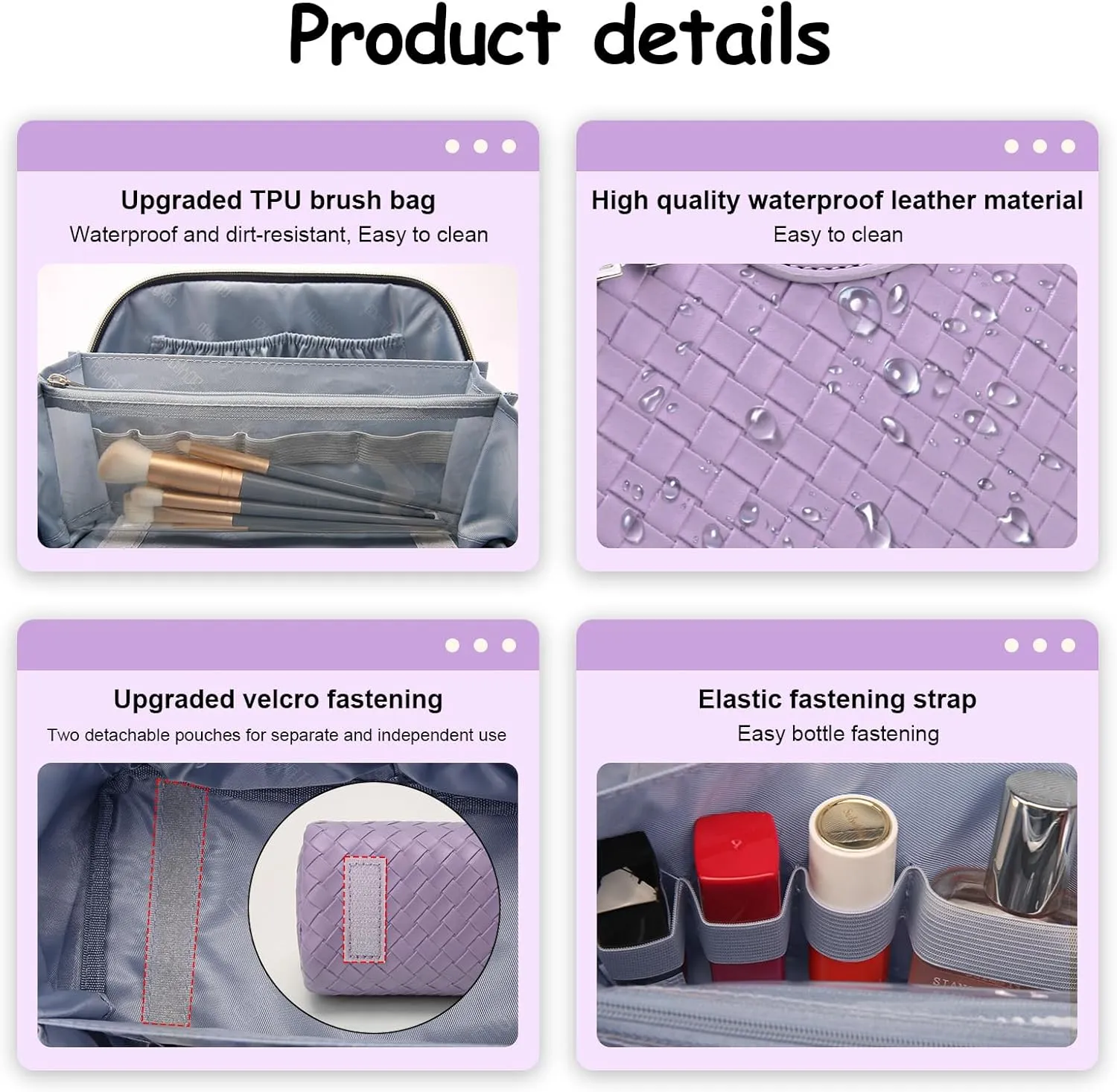 BOYATU Travel Makeup Bags for Women: Large Make up Bag Set of 3 - Vegan Leather Cosmetic Bags - Waterproof Toiletry Organizer (L04 Violet Purple)