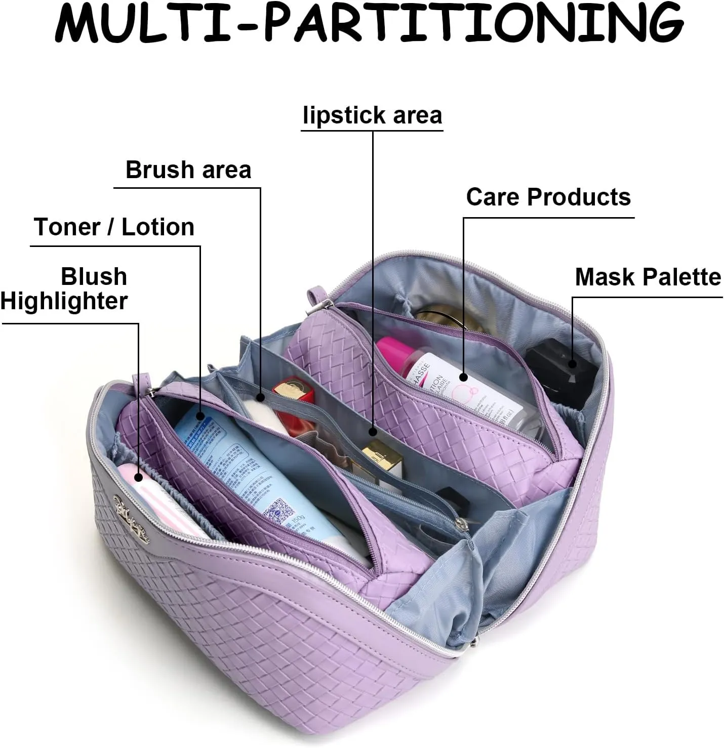 BOYATU Travel Makeup Bags for Women: Large Make up Bag Set of 3 - Vegan Leather Cosmetic Bags - Waterproof Toiletry Organizer (L04 Violet Purple)