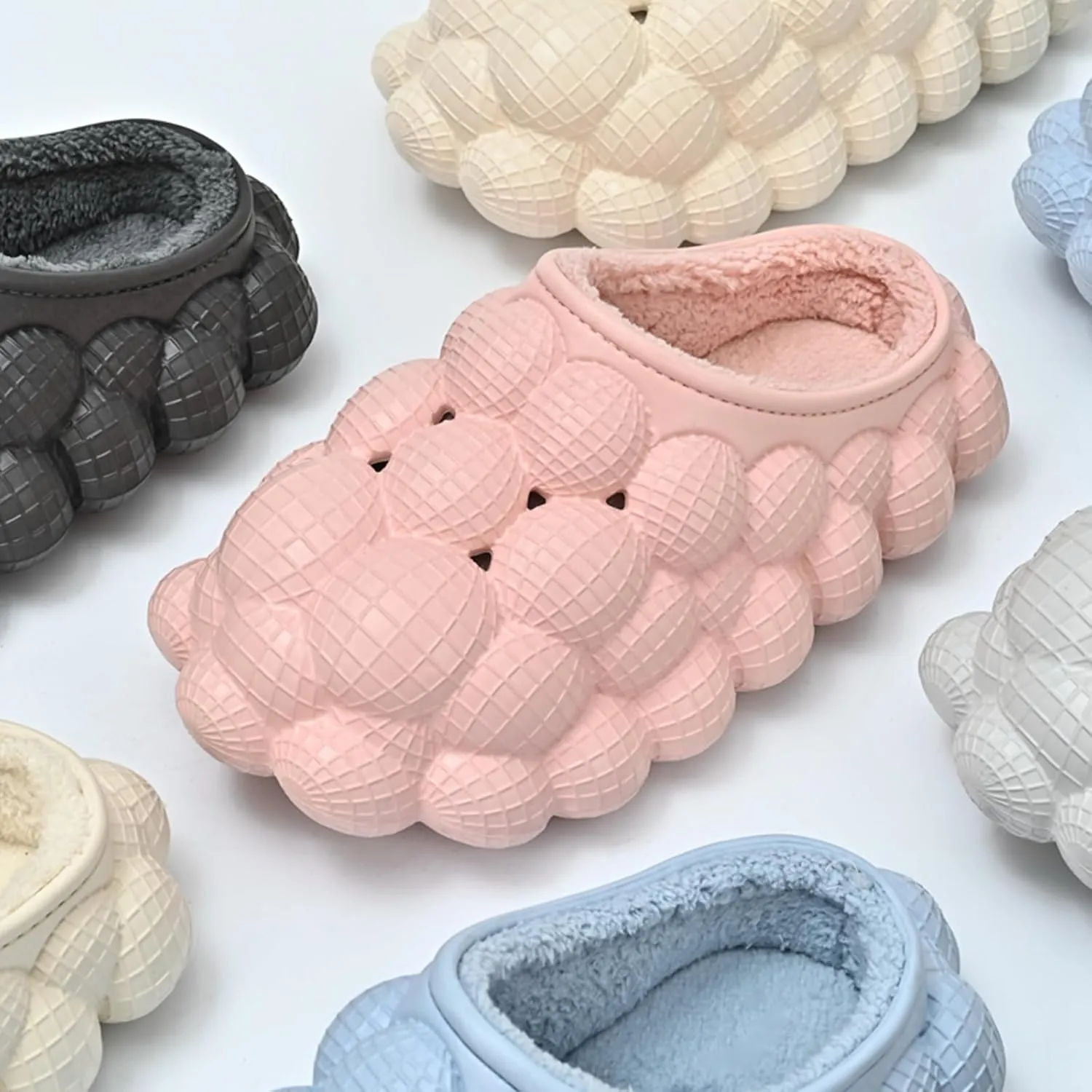 Bubble Slides with Fur for Women Men Winter Warm Fuzzy Plush Lining Thick Sole Bedroom House Slippers