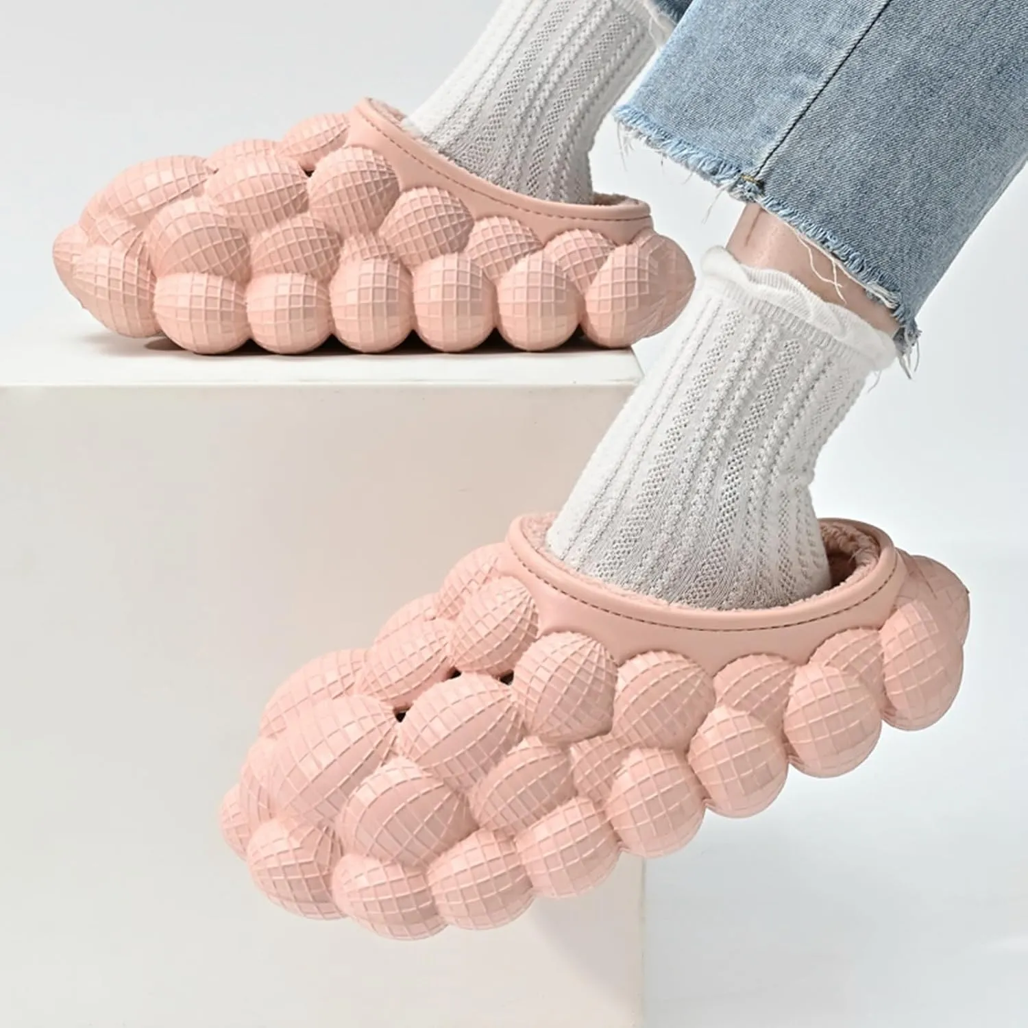 Bubble Slides with Fur for Women Men Winter Warm Fuzzy Plush Lining Thick Sole Bedroom House Slippers