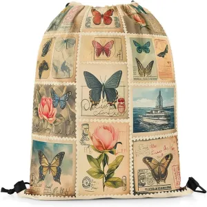 Butterfly Stamp Waterproof Drawstrings Backpacks,Dreamy Garden Animal Pink Flowers Vintage Bags for Shopping Travelling,Retro Brown Plaids Patchwork Sackpacks Gym Swim Packs Daypack