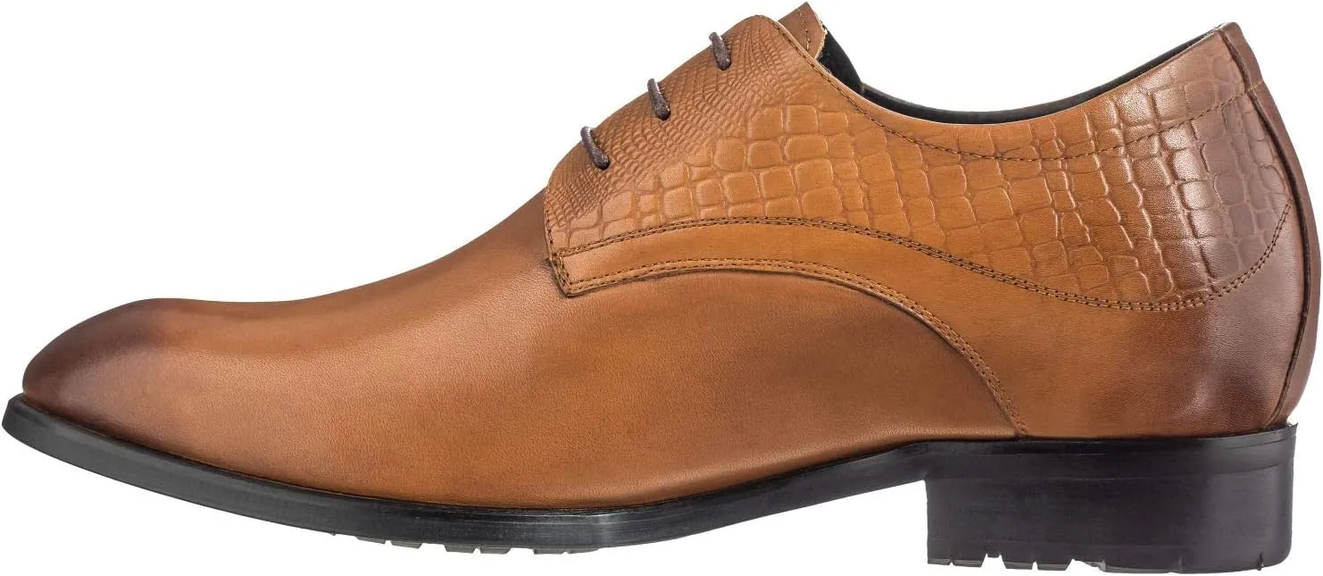 CALTO Height Increasing Elevator Shoes 3 Inches Taller - Light Tan Leather Dress Shoes - Men Invisible Elevated High Heels Oxfords A329013 - Size 7 D(M) US