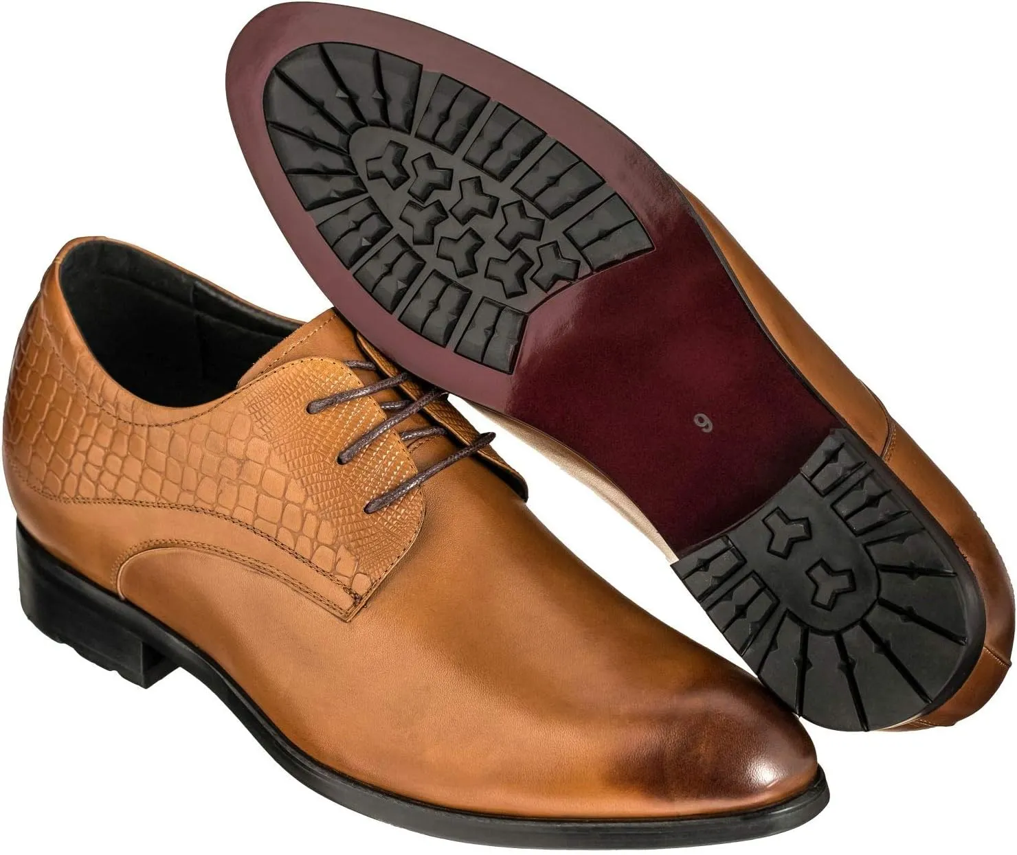 CALTO Height Increasing Elevator Shoes 3 Inches Taller - Light Tan Leather Dress Shoes - Men Invisible Elevated High Heels Oxfords A329013 - Size 7 D(M) US