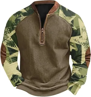 Camo Sweatshirts for Men Quarter Zip Raglan Sleeve Henley Neck Camouflage Vintage Western Pullover Tactical Shirts