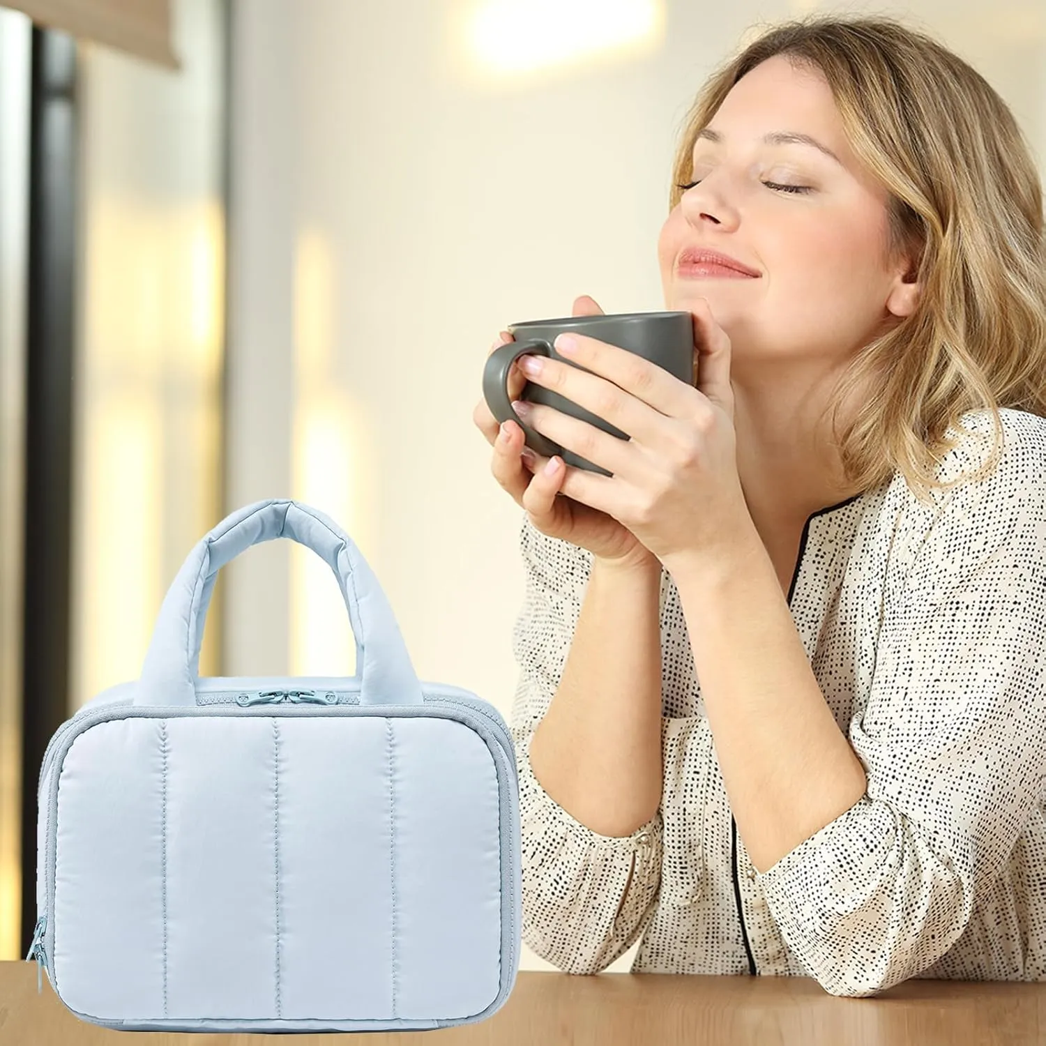 CAMTOP Travel Toiletry Bag for Women Travel Toiletry Organizer Lightweight Large Wide-open Makeup Bag Large Capacity Qulited Cosmetic Bag Puffy for Essentials Organizer (Light-Blue)