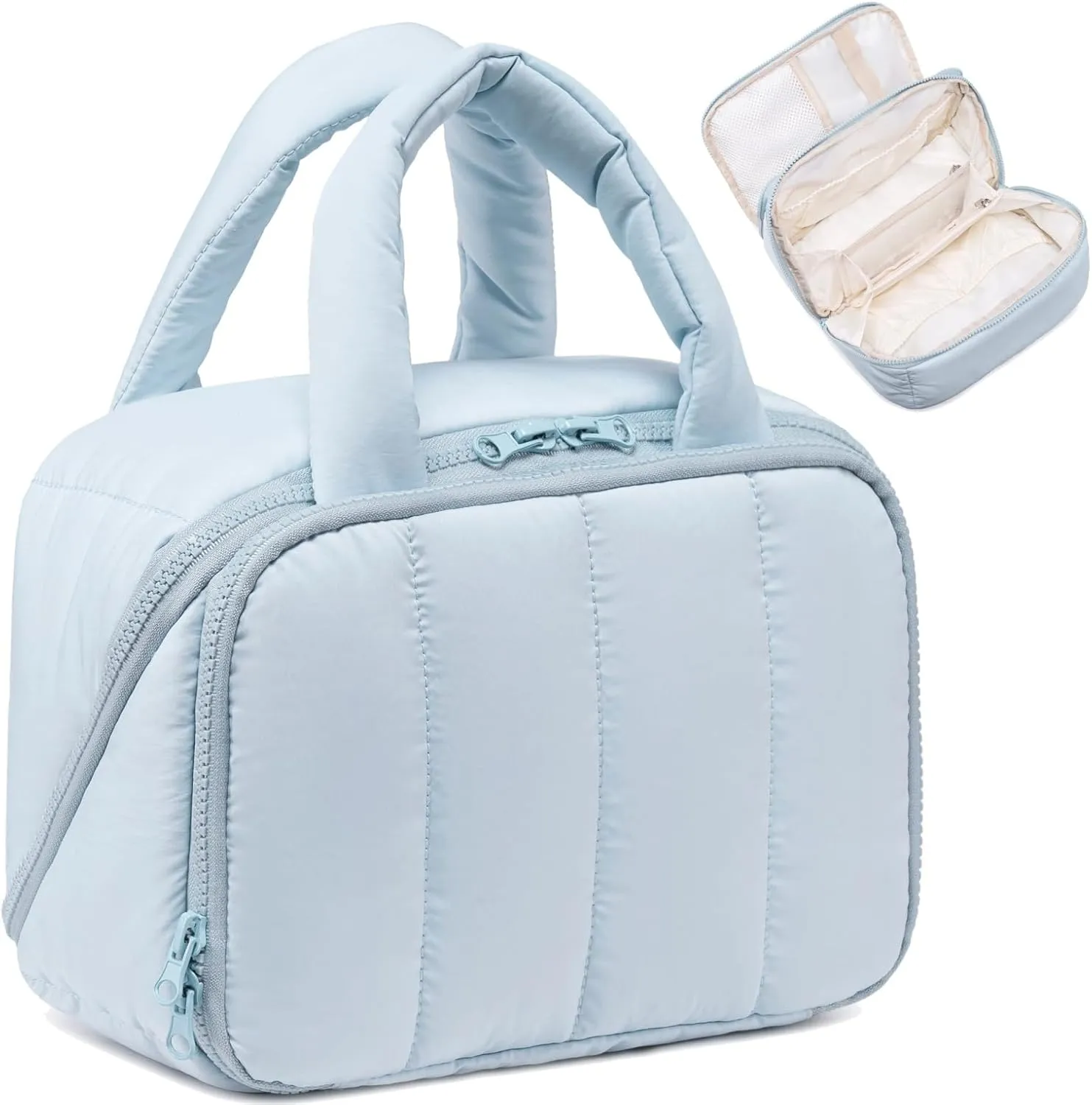 CAMTOP Travel Toiletry Bag for Women Travel Toiletry Organizer Lightweight Large Wide-open Makeup Bag Large Capacity Qulited Cosmetic Bag Puffy for Essentials Organizer (Light-Blue)