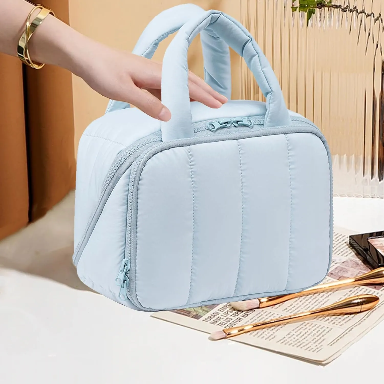 CAMTOP Travel Toiletry Bag for Women Travel Toiletry Organizer Lightweight Large Wide-open Makeup Bag Large Capacity Qulited Cosmetic Bag Puffy for Essentials Organizer (Light-Blue)