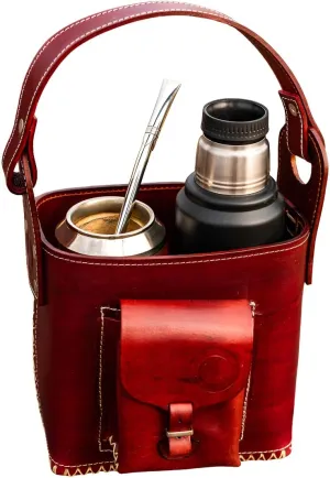 Canasto Matero de Cuero - Handmade Leather Mate Bag with pocket - Carry Bag for Mate Gourd Set and Thermos - CUSHE Mates (Cranberry)