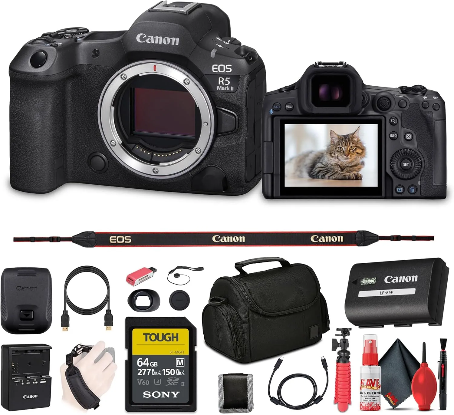 Canon EOS R5 Mark II Mirrorless Camera, 45MP, Full-Frame Hybrid Camera, 8K Video (6536C002)   64GB SF-M Tough Series Memory Card   Bag   Card Reader   Flex Tripod   Cleaning Kit   More (Renewed)